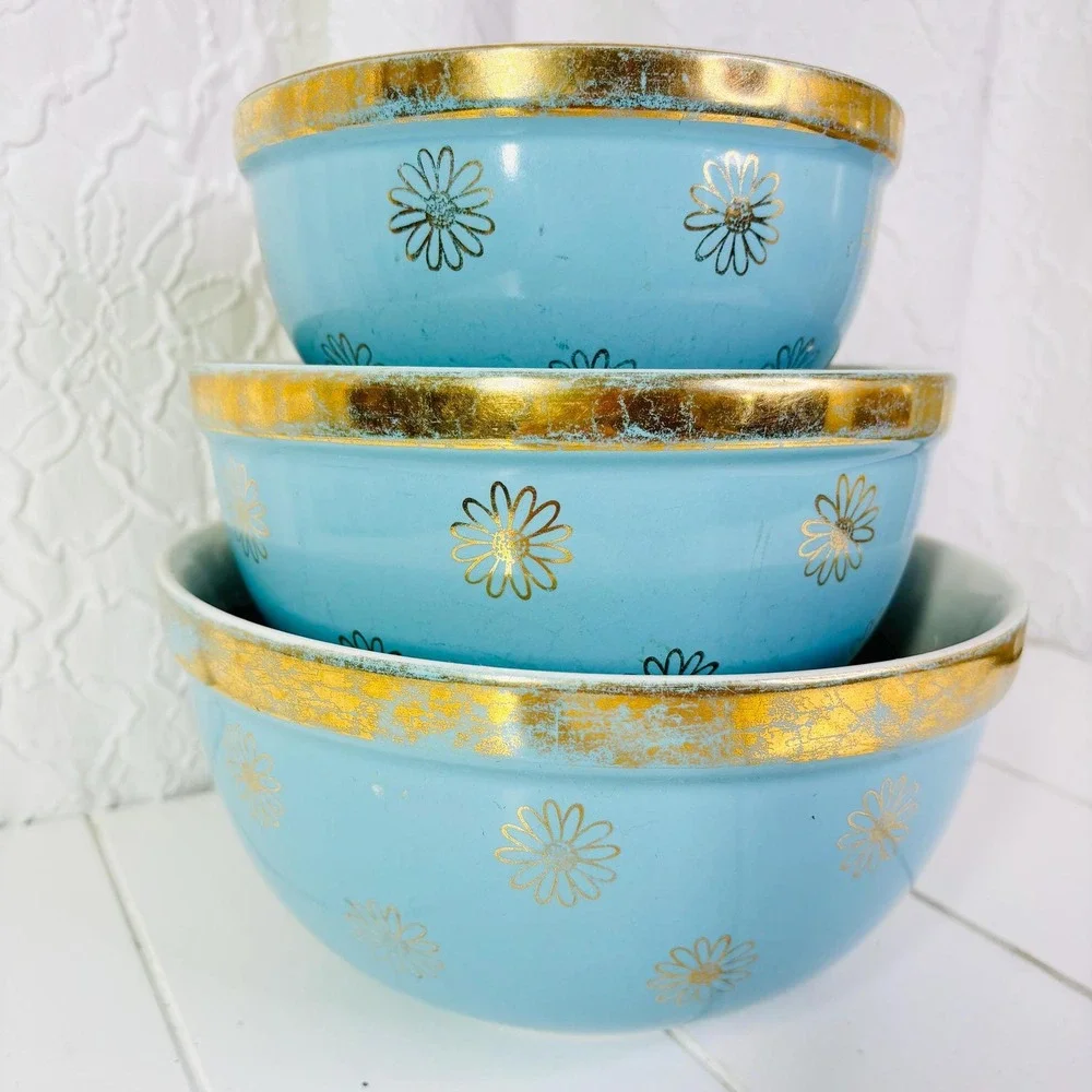 Vintage Hall China Nesting Bowls, Blue and Gold Daisy, Set of 3
